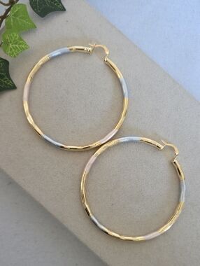 2 3/4" Tricolor Gold Filled Tube Hoop Earrings